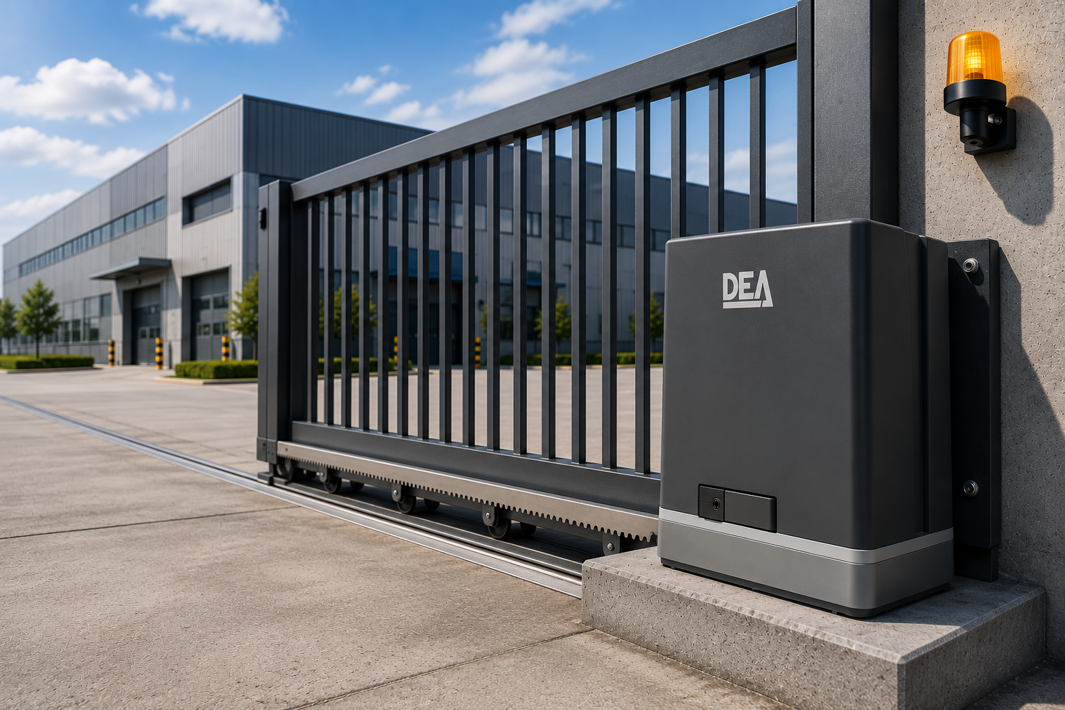 Sliding gate motor and track along a factory perimeter fence