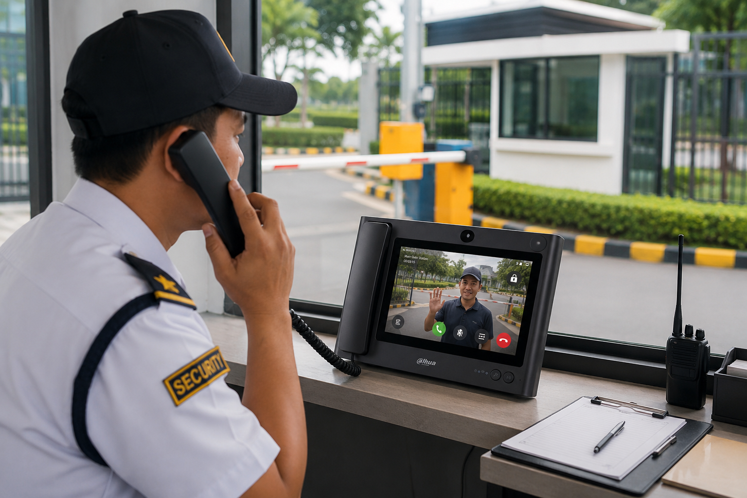 Indoor intercom monitor showing live video from a gate door station, with a door-release button on screen