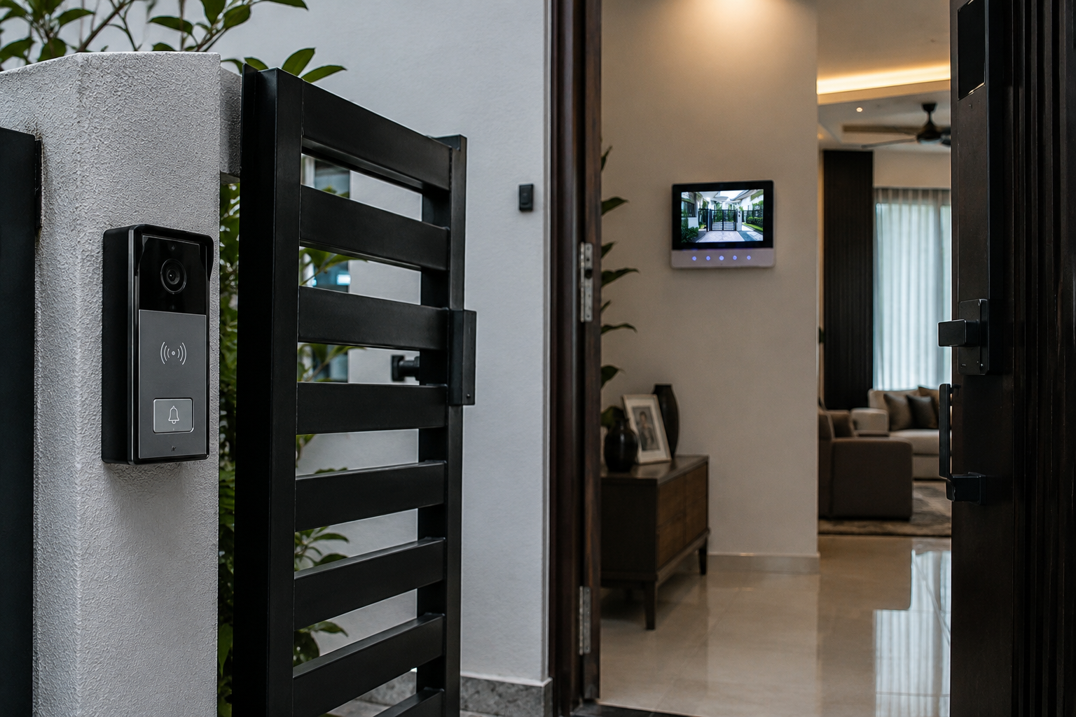 Video door intercom panel mounted at a gated home entrance, indoor monitor visible in background