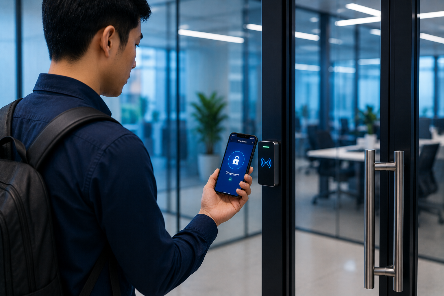 Mobile access control app unlocking office door