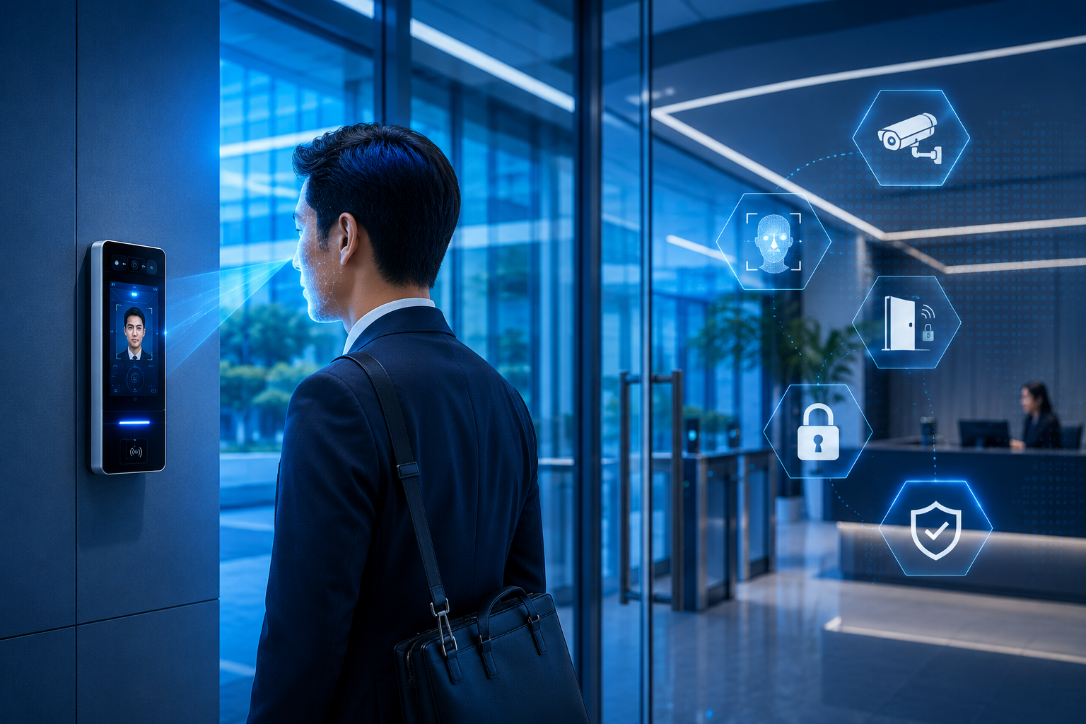 Office building entrance lobby with a wall-mounted face recognition access control terminal, employee tapping in, glass doors, modern corporate interior
