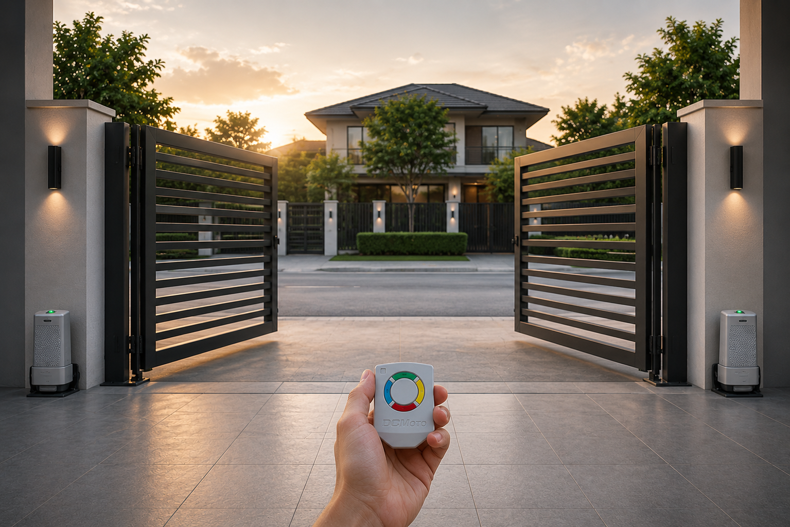 Remote control and keypad mounted at a gate entrance