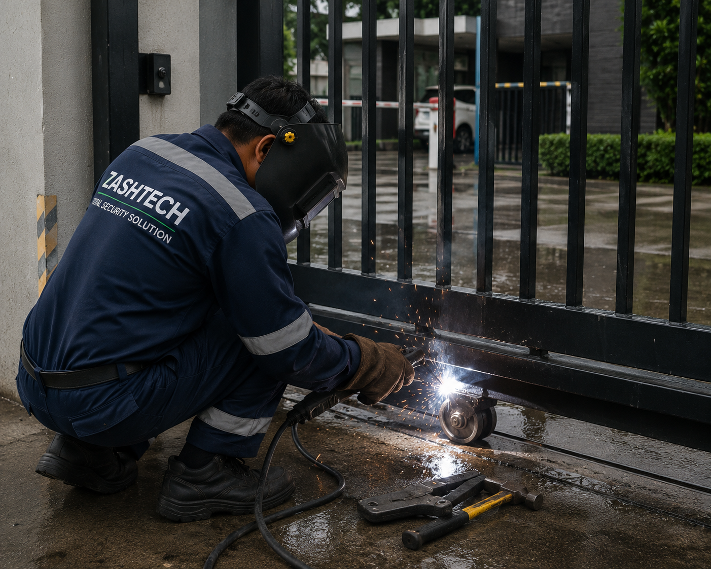 Zashtech technician repairing and welding an auto gate on site