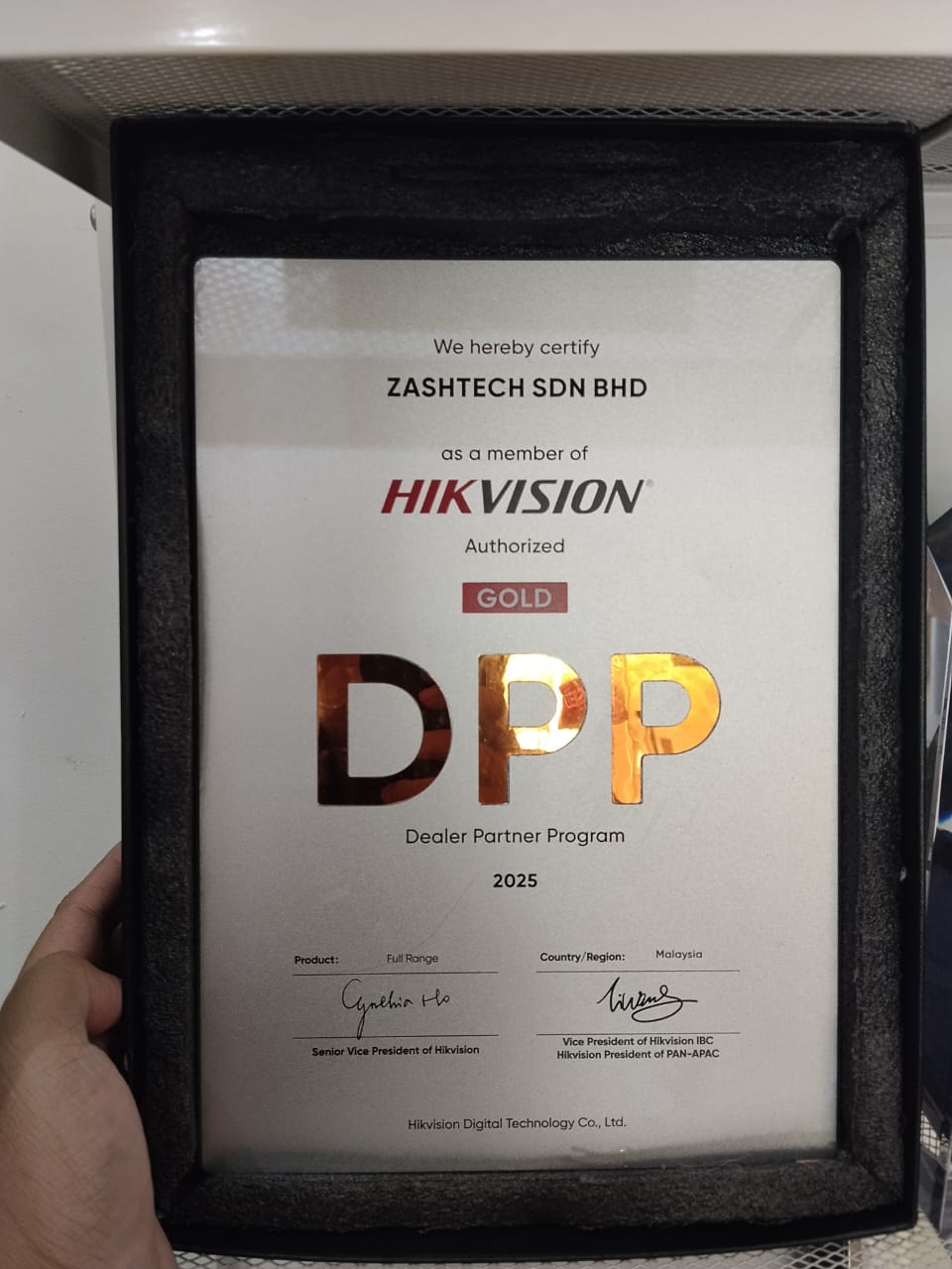 Hikvision Authorized Gold Dealer Partner Program certificate awarded to Zashtech Sdn Bhd, 2025